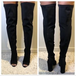 Black over the knee open toe boots!